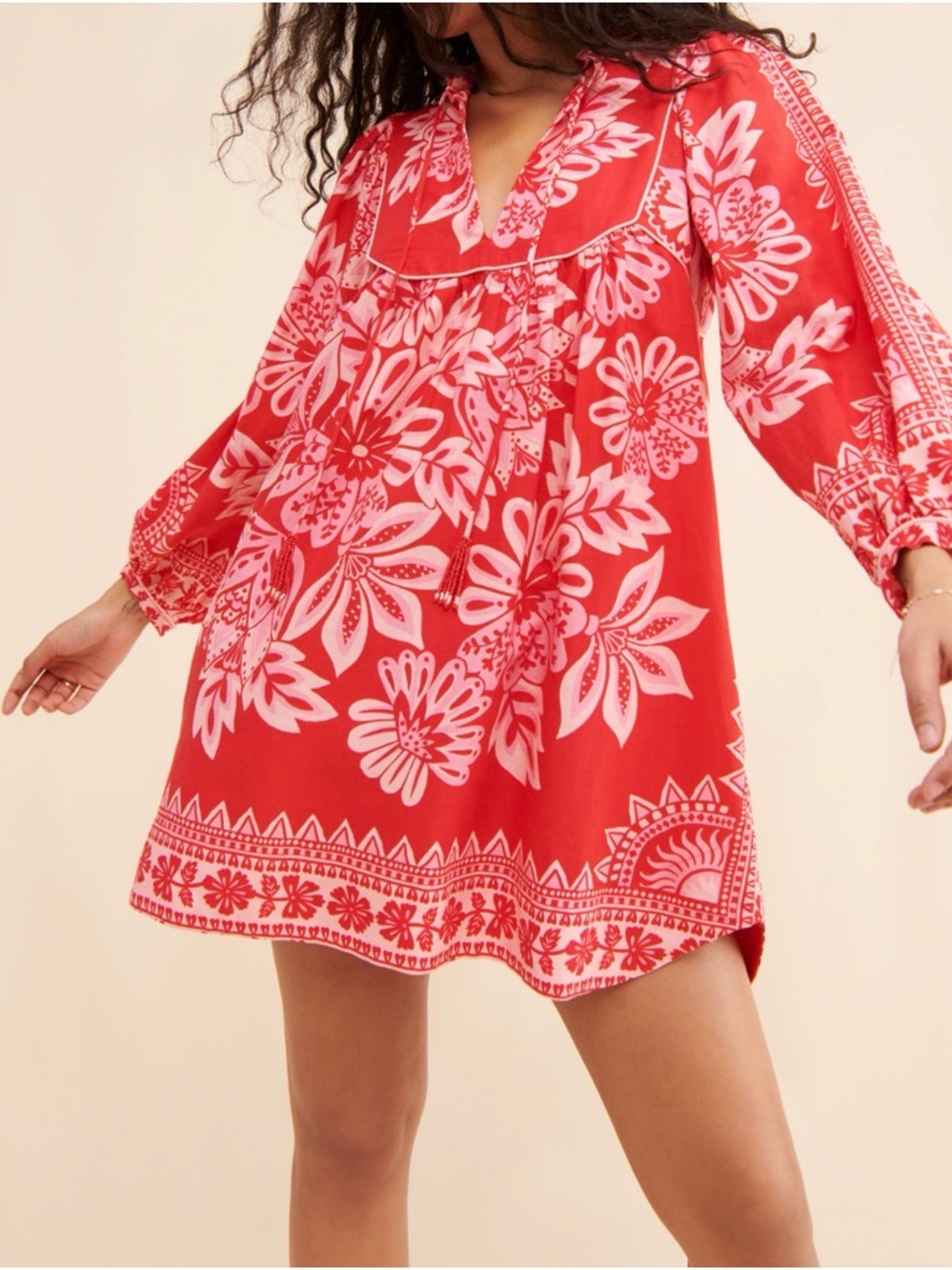 FARM Rio Red Flora Tapestry Long-Sleeve Mini Dress